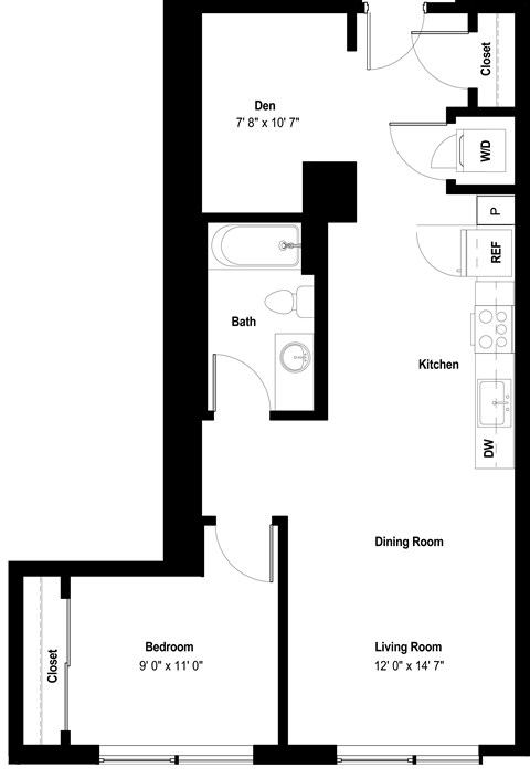 Floor plan for 1 bed, 1 bath, 816 sqft